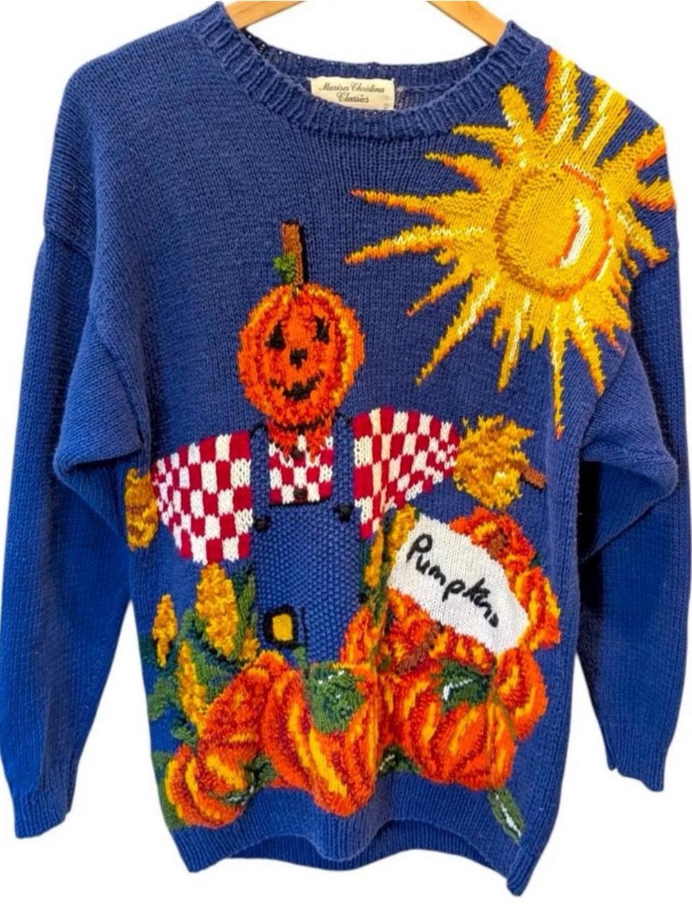 Vintage Marisa Christina Blue Halloween Fall Knit Sweater Pumpkin Patch Sun S